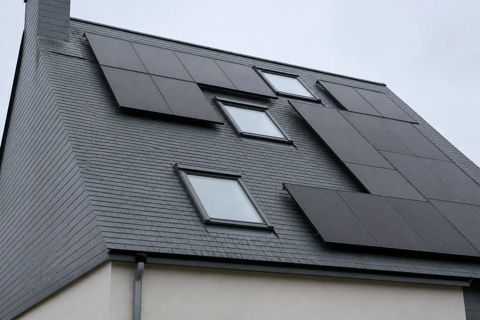 Toiture à deux pans avec fenêtres de toit et panneaux solaires posés autour, vue rapprochée