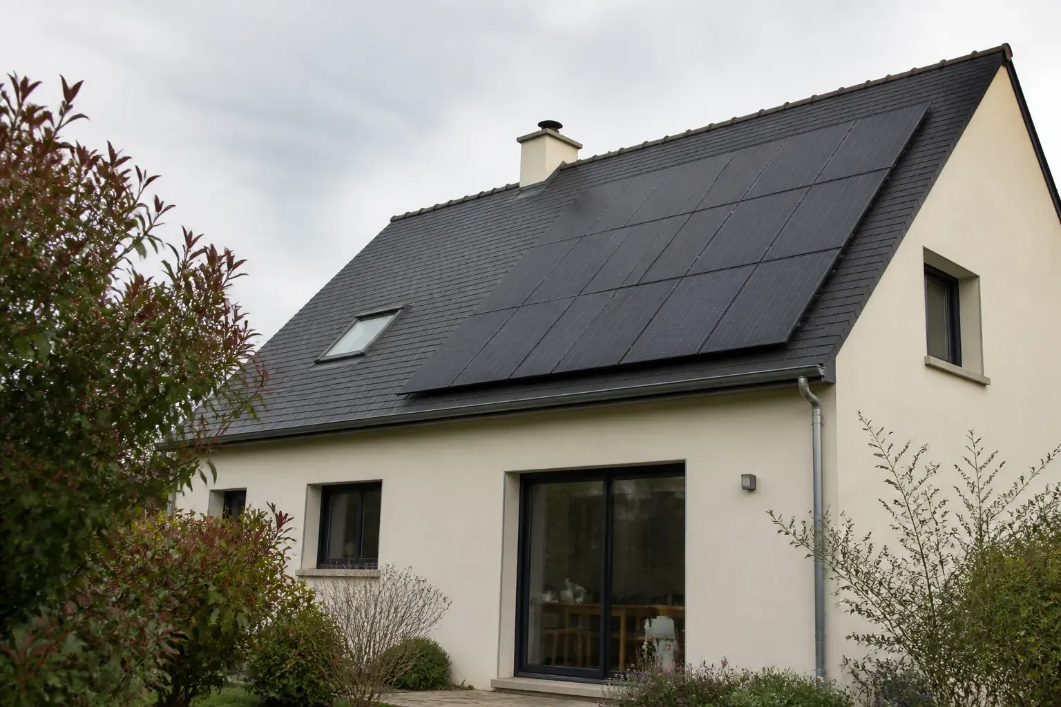Panneaux solaires posés en plein sud sur une toiture à deux pans, vue de trois quarts