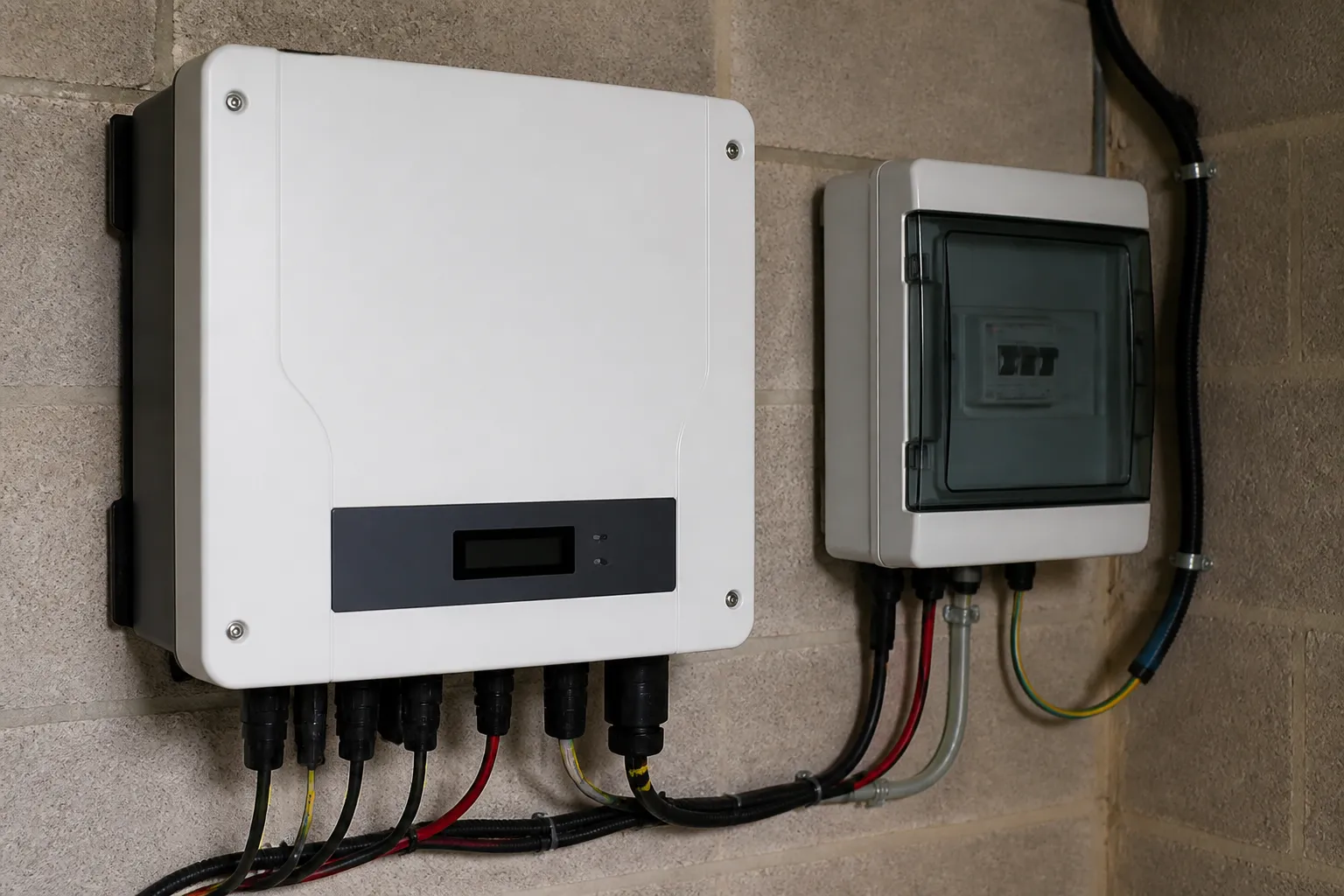 Coffret onduleur et compteur de production électrique fixés au mur d’un garage